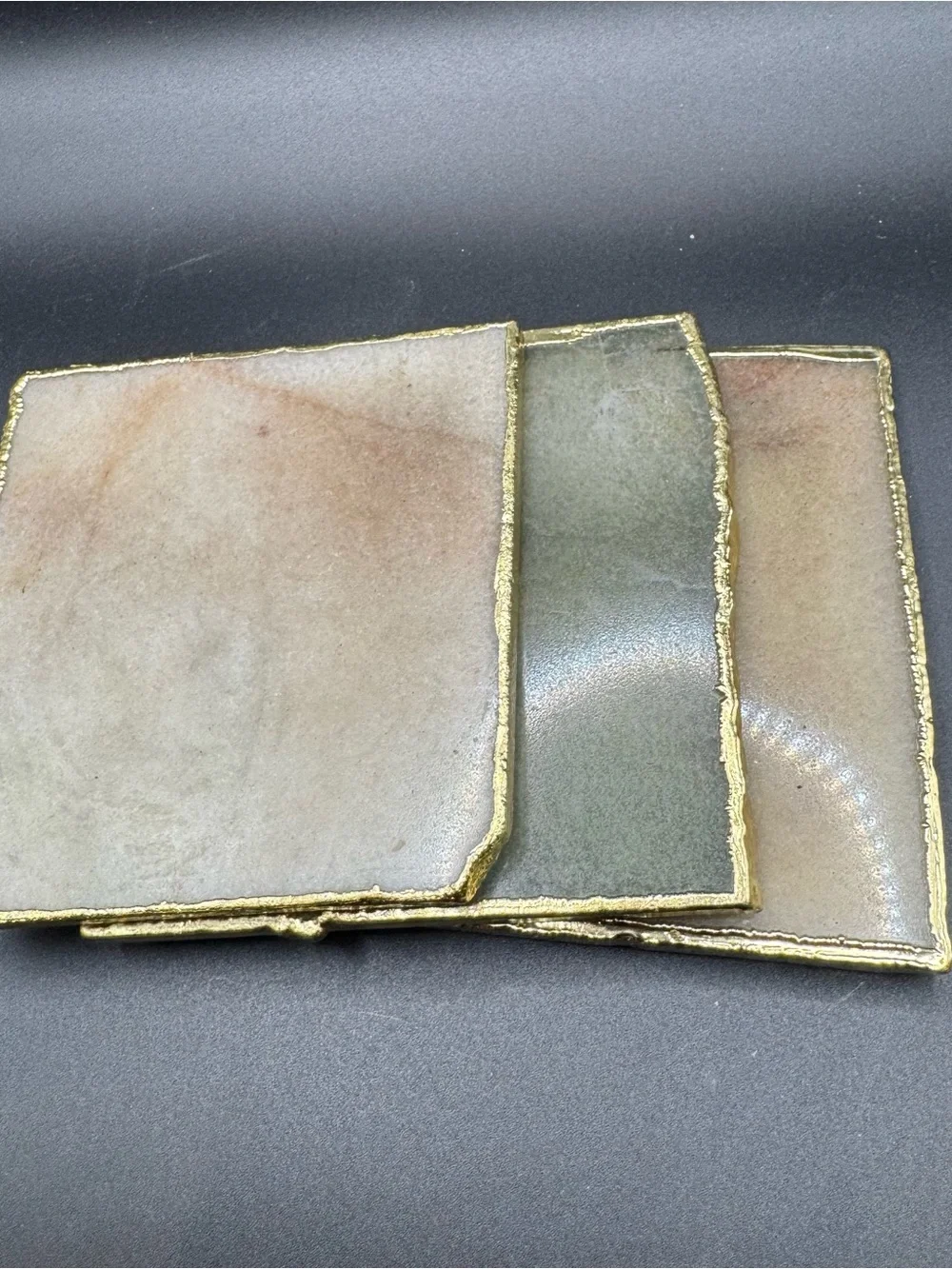 Anthropologie Set of 3 Natural Stone Coasters Gold Trim Square Agate Marble